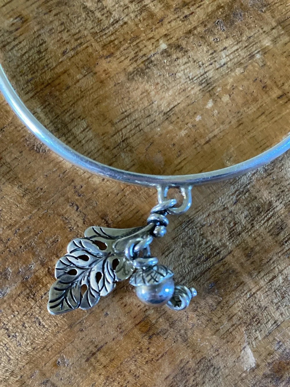 Silver Bangle Bracelet with Leaf and Acorn Charms